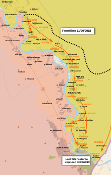 The SDF's conquest of the Euphrates river ISIL enclave from 30 November 2018 to 23 March 2019 2018 Hajin Offensive.svg