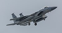 A US Air Force F-15C Eagle, tail number 85-0107, on final approach at Kadena Air Base in Okinawa, Japan. It is assigned to the 44th Fighter Squadron at Kadena AB.