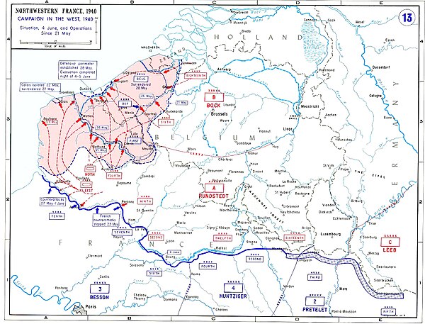 The situation on 4 June. Belgian, British, and French forces have been encircled near Dunkirk, while the remaining French armies take up positions to 