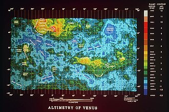 Color-coded elevation map, showing the elevated terrae "continents" in yellow and minor features of Venus. 2438 pioneer venus map of venus.jpg