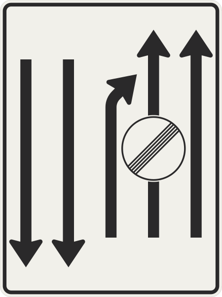 File:414-14 Zníženie počtu jazdných pruhov (vľavo, pokračujú 2 pruhy + 2 v protismere + regulačná značka).svg