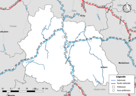 Mapa da rede rodoviária nacional (rodovias e estradas nacionais) no departamento de Puy-de-Dôme