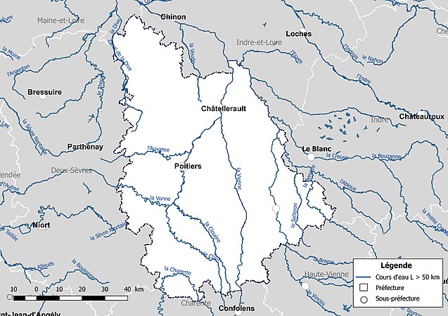 Carte des cours d'eau de longueur supérieure à 50 km de la Vienne.