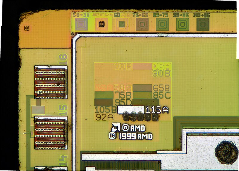 File:AMD@180nm@K7@Thunderbird(Model4 CPUID642)@AMD Athlon A0800MPR24B A DSCx05 topmetal@50xBF.jpg