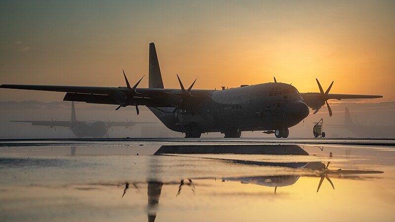 File:A C-130J Super Hercules assigned to the 36th Airlift Squadron sits on the flightline during the morning fog Jan. 25, 2021, at Yokota Air Base, Japan.jpg