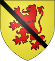 Arms of Abernethy: Or, a lion rampant gules surmounted of a ribbon sable (debruised by a ribbon sable)