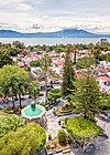 Aerial view of Ajijic's Plaza and kiosk, looking south towards Lake Chapala and Mt Garcia