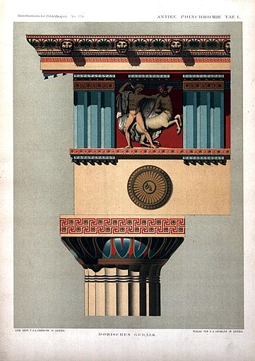 Illustration from 1883 that shows the colour scheme of the Doric order