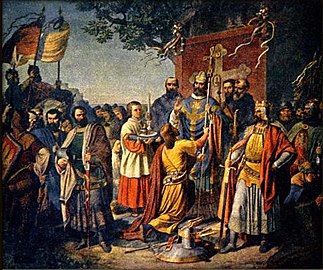 Přemysl Otakar II. a biskup Bruno křtí Prusy
