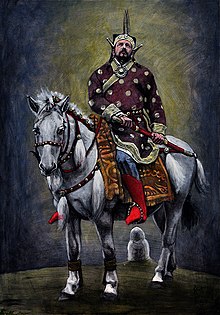 Tulipán Tamás festménye a hun Attila királyról, aki teljes sztyeppei díszben lovon ül.
