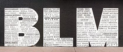 Mural do Black Lives Matter no bairro Greenpoint do Brooklyn, Nova Iorque, Estados Unidos. Escrito nas letras “BLM” está uma lista parcial de nomes de negros americanos mortos pela polícia, desde Eric Garner até George Floyd. (definição 10 726 × 4 571)