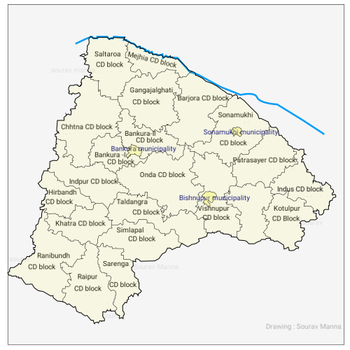 Map of Bankura District showing CD blocks and municipalities. The only CD block not marked on the map is Joypur Bakura District.svg