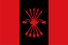 The flag of FE-JONS (during Francoism, FET-JONS), with the yoke and the set of arrows. The colour black represents gunpowder and the red blood. Bandera FE JONS.svg