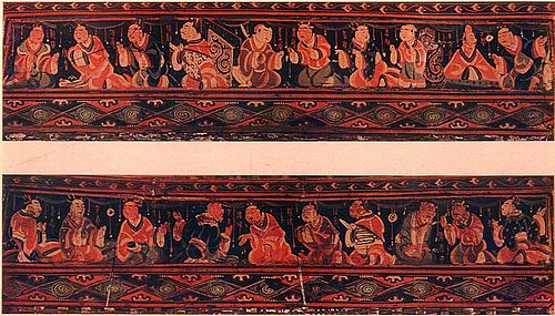A scene of historic paragons of filial piety conversing with one another, Chinese painted artwork on a lacquered basketwork box, excavated from an Eastern-Han tomb of what was the Chinese Lelang Commandery in present-day North Korea