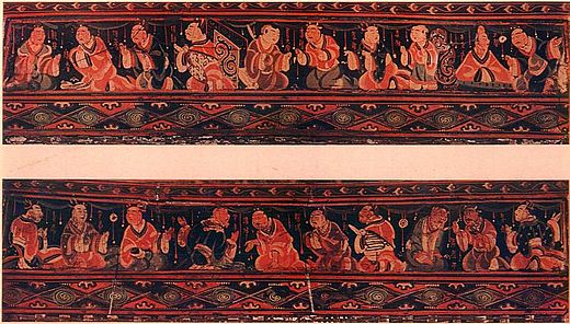 A scene of historic paragons of filial piety, Chinese painted artwork on a lacquered basketwork box, excavated from an Eastern-Han tomb in Lelang Commandery.