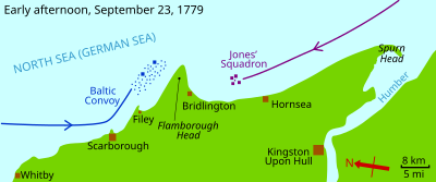 The courses of the opponents up to the moment just before the first sighting, early afternoon, 23 September Battle of Flamborough Head Map.svg