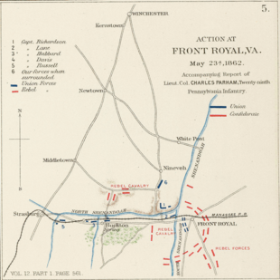 Map of the Front Royal fighting. Union troops start to the south, and then fall back across to rivers to a hill. Confederates surround the town of Front Royal.