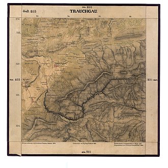 Trauchgau und Trauchberge mit Hoher Bleick (Ammergauer Alpen). Im Norden (oben) eine weitere Hügelkette mit "Steinhalde" und "Schneidberg" (Schneitberg), 1012 m. (map - Karte)