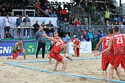 Deutsch: Beachhandball Europameisterschaften 2019 (Beach handball Euro); Tag 6: 7. Juli 2019 – Spiel um Platz Drei, Männer, Ungarn-Russland 2:0 (26:20, 23:22) English: Beach handball Euro; Day 6: 7 July 2019 – Men's Bronze Medal Match – Hungary-Russia 2:0 (26:20, 23:22)