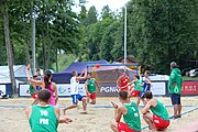 Deutsch: Beachhandball Europameisterschaften 2019 (Beach handball Euro); Tag 3: 4. Juli 2019 – Männer, Platzierungsrunde Gruppe IV, Rumänien-Portugal 2:0 (15:14, 25:24) English: Beach handball Euro; Day 3: 4 July 2019 – Men Consolation Round Group IV – Romania-Portugal 2:0 (15:14, 25:24)