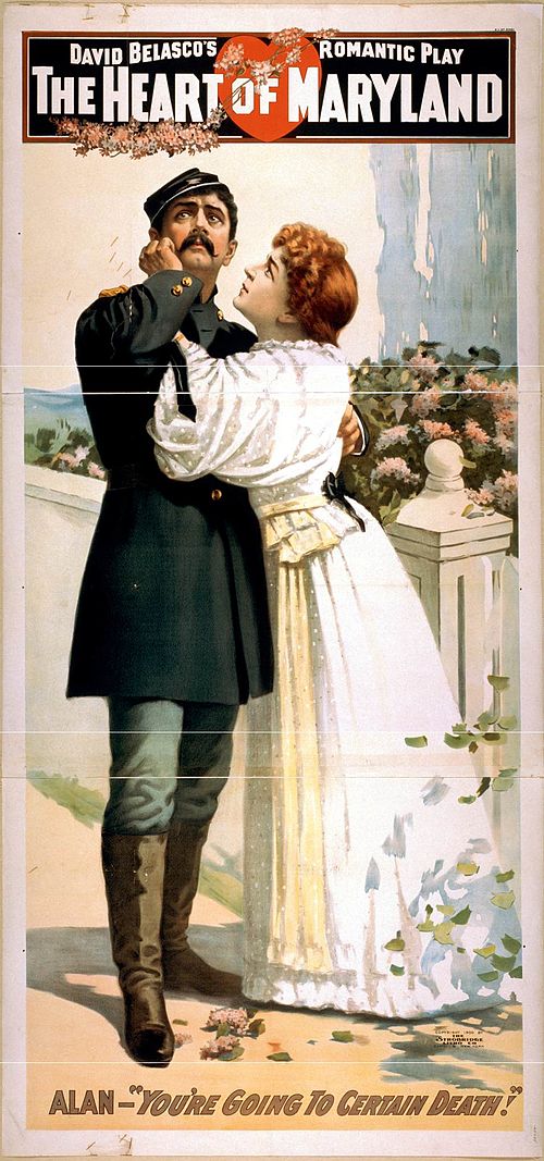 Poster for The Heart of Maryland with Maurice Barrymore and Mrs. Leslie Carter