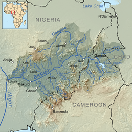 Benue river basin. The Jukun region is along the upper Benue River shaded dark green.