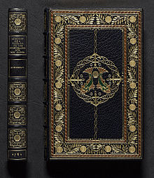 Upper cover and spine of Pierre Sonnerat's 'Voyage to the Spice Islands', bound by Sangorski & Sutcliffe in 1913 Binding by Sangorski & Sutcliffe, 1913.jpg