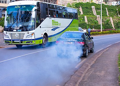 Black smoke emissions from a vehicle’s exhaust in Kamonyi District road, Rwanda.