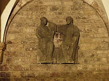 St Mary's coronation from the western gable in the eastern crypt; outside there is now a free replique Bremer Ostkrypta708Kronung Mariens im Bogen.jpg