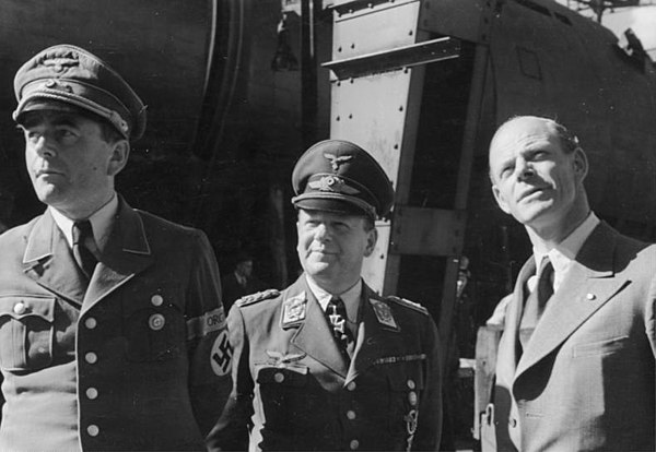 Milch (centre) with Minister of Armaments Albert Speer (left) and aircraft designer Willy Messerschmitt (right)