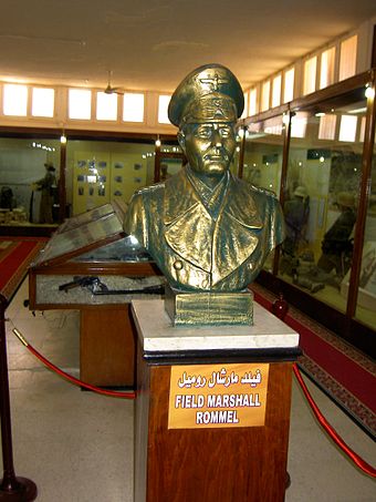 Bust of Rommel at Al Alamein war museum in Egypt, which was built by Anwar Sadat in honour of Rommel. The museum was later expanded into a general war museum but Rommel remains a central figure.[654]