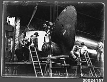 CATHAY propellor being worked upon, March 1934, Sutherland Dock, Cockatoo Island (8168502056)