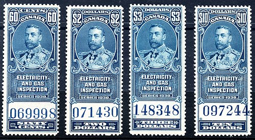 A set of Canadian electricity and gas inspection stamps from 1930 Canada 1930 Electricity and Gas Inspection stamps.jpg