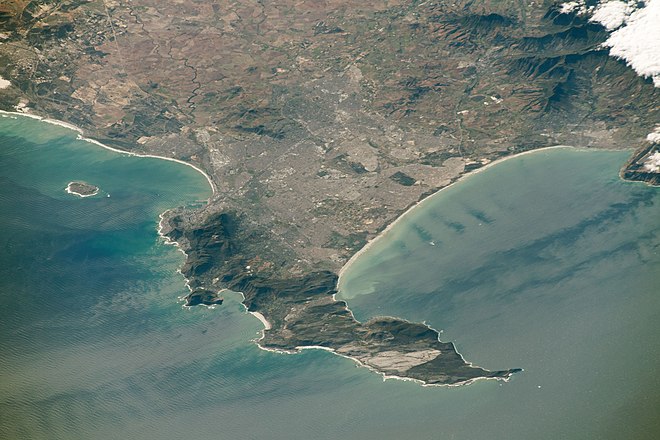 View of the Cape Peninsula showing the City of Cape Town and False Bay in the background from the International Space Station, May 2019