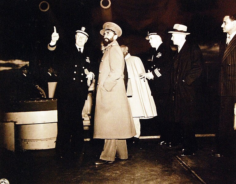 File:Captain Senn escorts Emperor Haile aboard USS Quincy (CA-71) on 13 February 1945 (80-G-426882).jpg