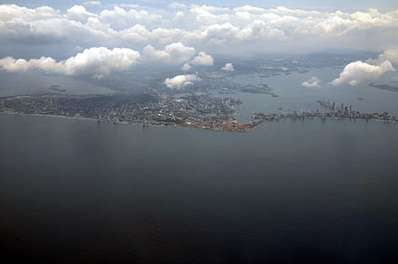 Cartagena from air. Some of the skyscrapers of the Bocagrande peninsula to the right are hotels