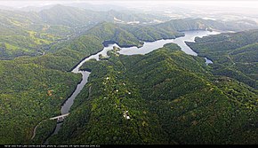 Aerial view from Cerrillos lake and dam located in Ponce, Puerto Rico