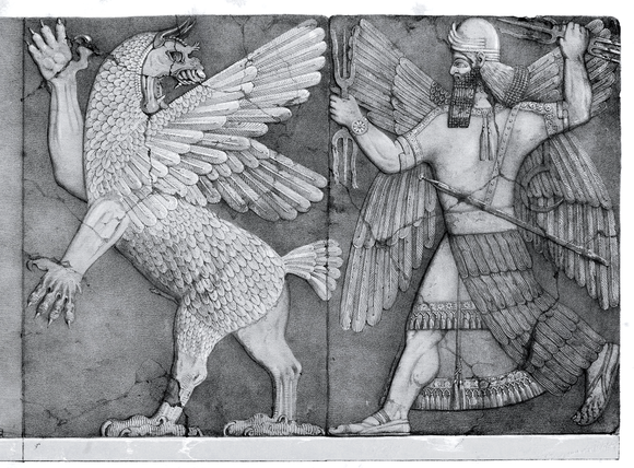 Assyrian stone relief from the temple of Ninurta at Kalhu, showing the god with his thunderbolts pursuing Anzû, who has stolen the Tablet of Destinies from Enlil's sanctuary[17]: 142  (Austen Henry Layard Monuments of Nineveh, 2nd Series, 1853)