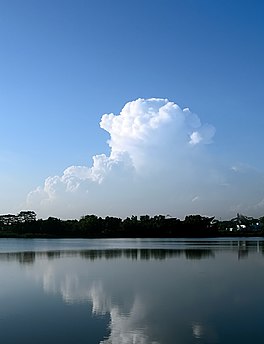 Unterer Seletar-Stausee im Vordergrund mit einer Reflexion der Cirrus-Wolken im Hintergrund.