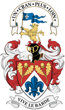 Arms of Brady Brim-DeForest, Baron of Balvaird with the motto above the crest and war cry or slogan below. Coa Scotland Brim-DeForest of Balvaird Castle, Baron of Balvaird big with motto and crie de geurre.svg
