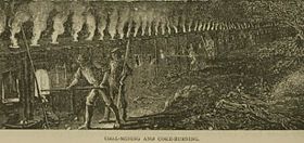 Illustration of coal mining and coke burning from 1879 Coke burning.jpg