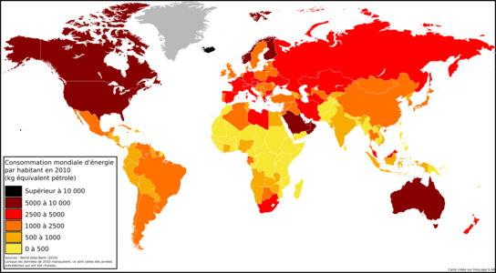 Consumo de energía por habitante en cada país, medido en kg equilvalentes de petróleo.
