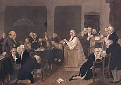 The Rev. Jacob Duche leading the first prayer for the Second Continental Congress, Philadelphia, September 7, 1774 Continental Congress prayer.jpg