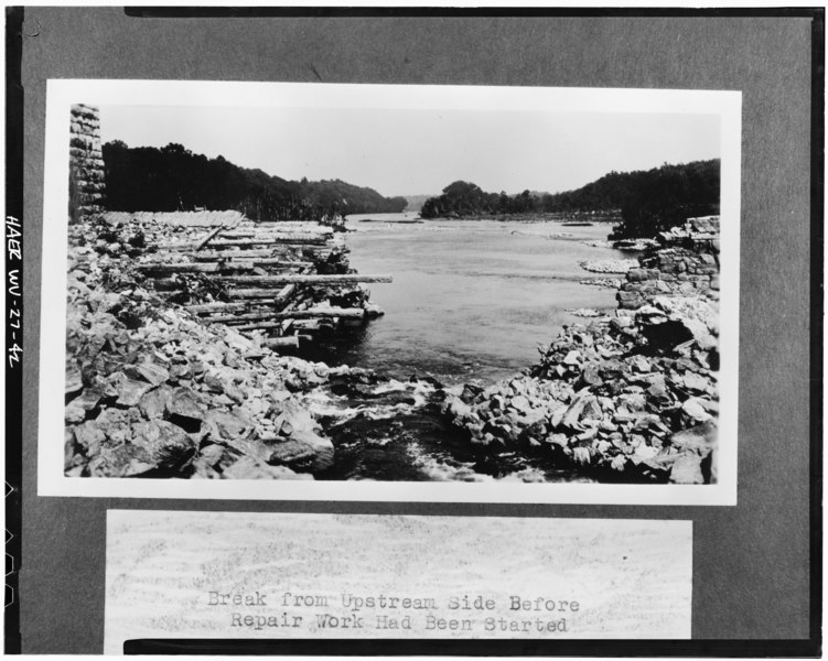 File:Credit TR. Dam No. 4 after 1936 flood; break as seen from upstream. Note original timber cribbing to left. Photo c. 1936. - Dam No. 4 Hydroelectric Plant, Potomac River, HAER WVA,2-SHEP.V,1-42.tif