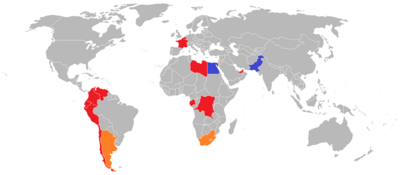 Current (blue) and former (red) operators of the Mirage 5. Former operators of the closely related IAI Nesher are denoted in orange. Dassault Mirage 5 Variants Operators.png