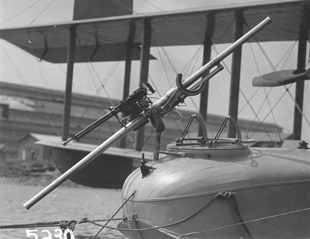 1.57-inch Davis recoilless gun mounted in the nose of an F5L flying boat, with a parallel Lewis machine gun. Photo circa 1918.