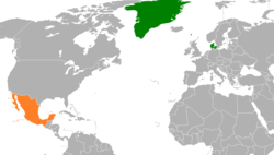 Карта с указанием местоположения Дании и Мексики
