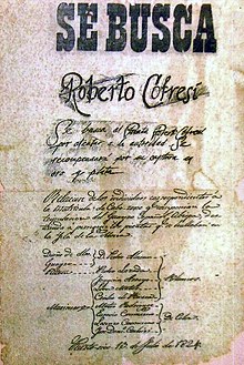 An 1824 wanted poster issued by the Spanish Empire and offering a gold and silver bounty for the capture of pirate captain Roberto Cofresi Documento de Captura del Pirata Cofresi Cabo Rojo.jpg