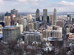 Downtown Montreal from Mount Royal in March 2013, before the 2015-2021 construction boom era. Downtown Montreal view.jpg