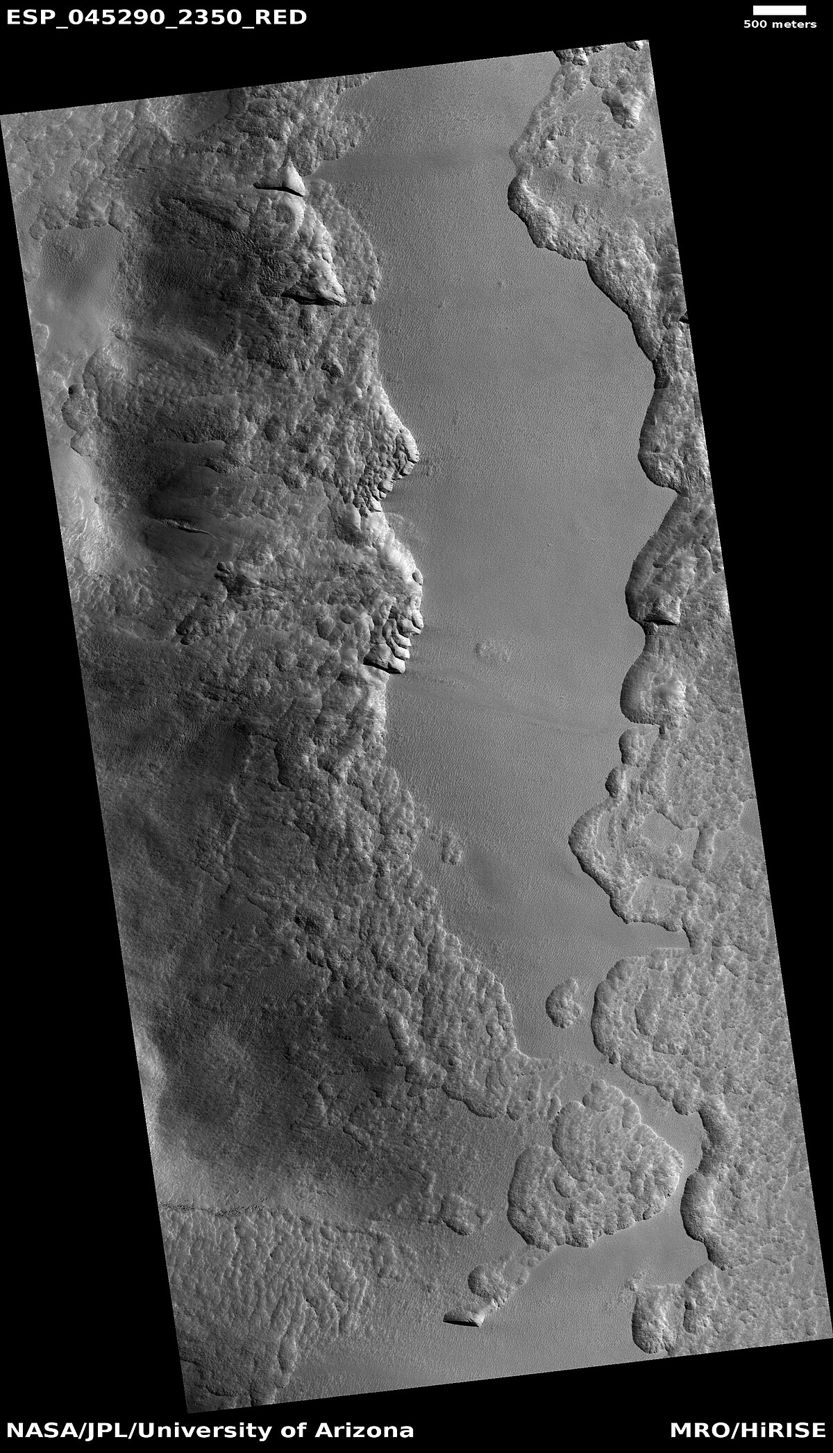 Wide view of part of Milankovic crater， as seen by HiRISE under HiWish program Many depressions here contain ice in their walls.